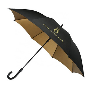 27 Inch High Quality Super Windproof UV Protection Customized Black Gold Logo Print Straight Branded Gold Umbrella