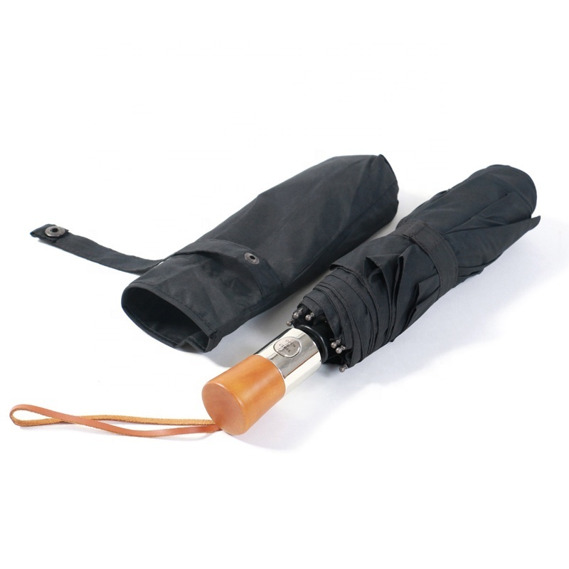 Black Rain Sun Foldable Automatic Umbrella with Wooden Handle