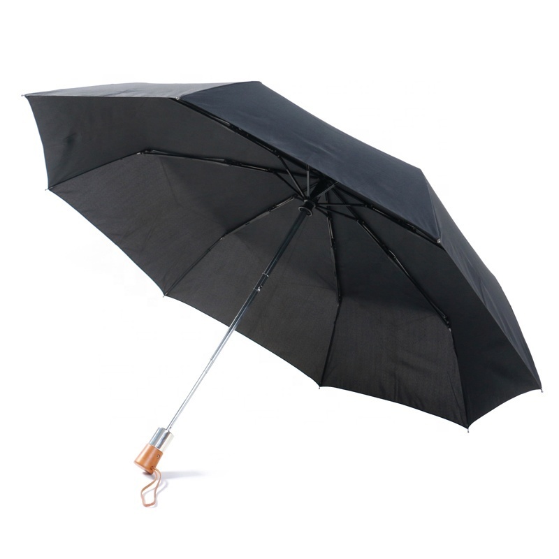 Black Rain Sun Foldable Automatic Umbrella with Wooden Handle