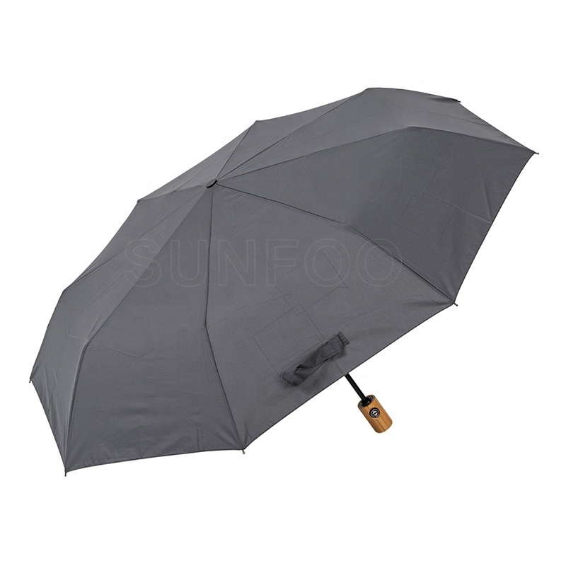 Eco-Friendly RPET Fabric Recycled PET Material Custom Automatic Folding Umbrella with Bamboo Handle