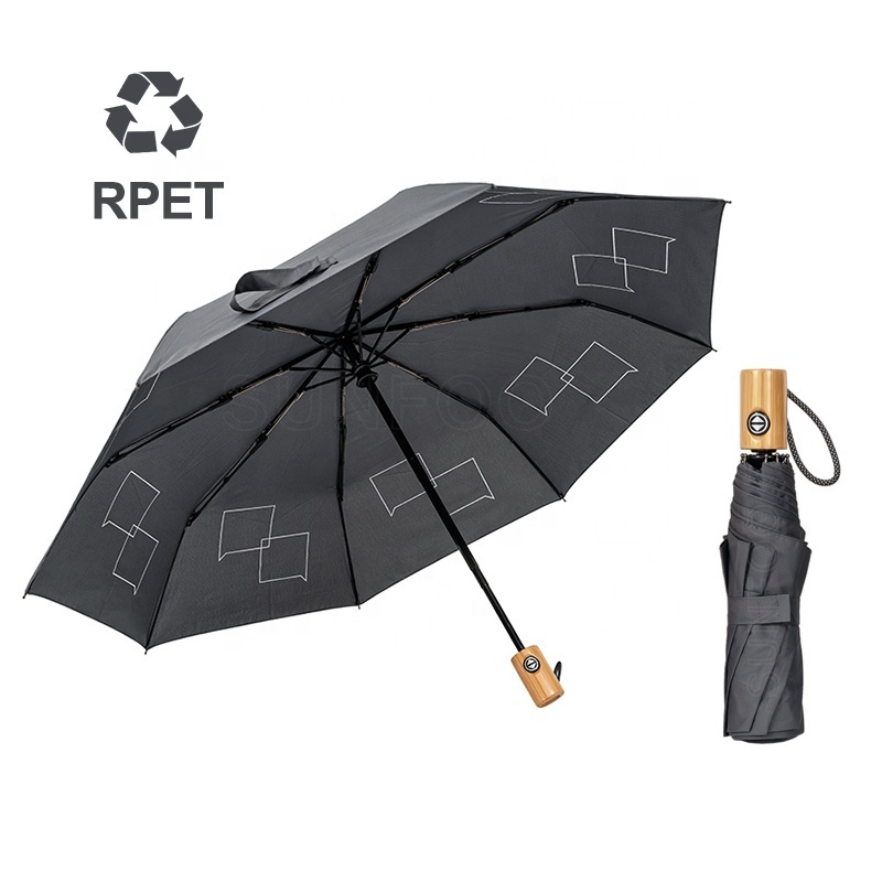 Eco-Friendly RPET Fabric Recycled PET Material Custom Automatic Folding Umbrella with Bamboo Handle