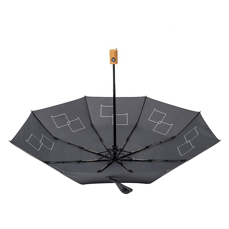 Eco-Friendly RPET Fabric Recycled PET Material Custom Automatic Folding Umbrella with Bamboo Handle