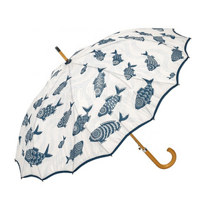 Seamless Cover One Piece Panel Double Ribs Straight Rain Umbrella with Fish Print