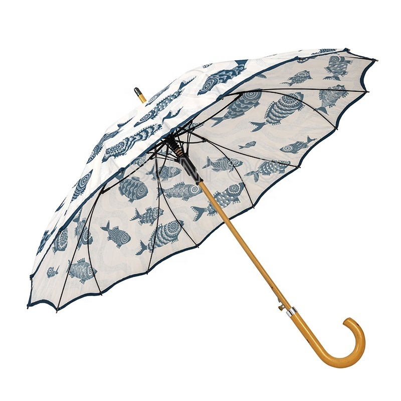 Seamless Cover One Piece Panel Double Ribs Straight Rain Umbrella with Fish Print