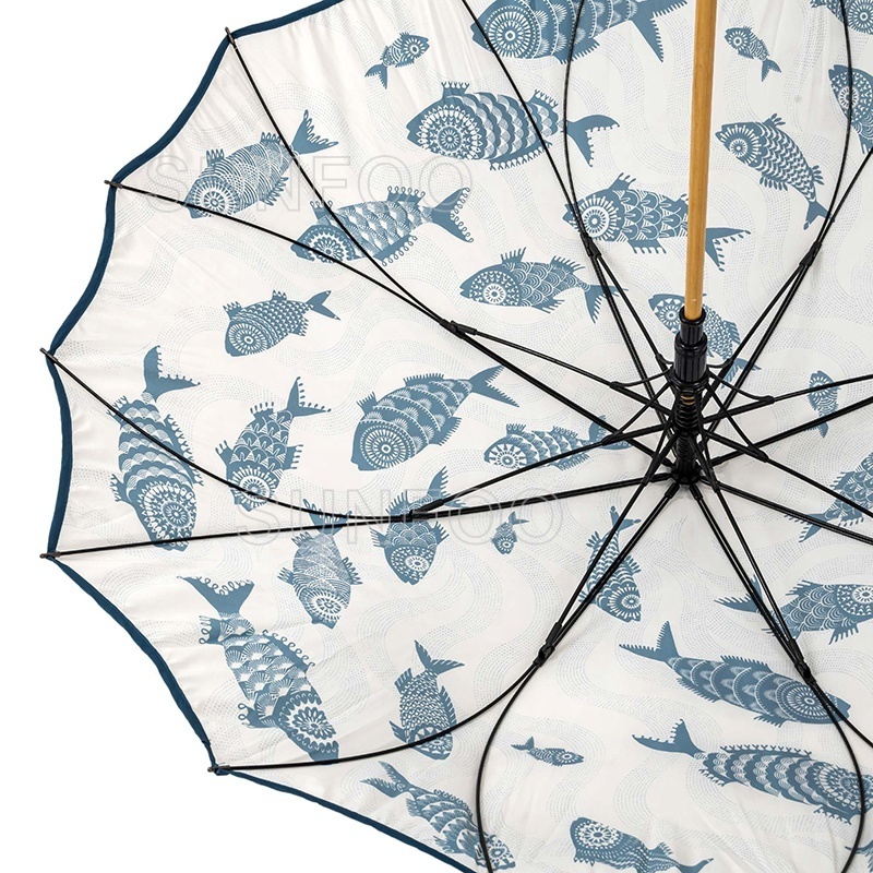 Seamless Cover One Piece Panel Double Ribs Straight Rain Umbrella with Fish Print