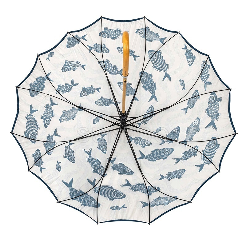 Seamless Cover One Piece Panel Double Ribs Straight Rain Umbrella with Fish Print