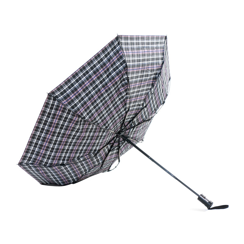 Safety Stop Mechanism Windproof Portable Plaid Three Folding Umbrella