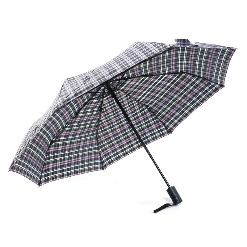 Safety Stop Mechanism Windproof Portable Plaid Three Folding Umbrella