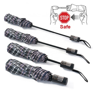 Safety Stop Mechanism Windproof Portable Plaid Three Folding Umbrella