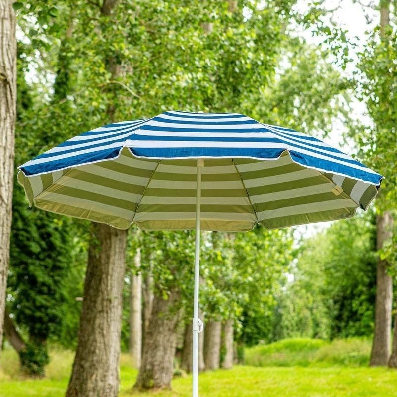 Blue Pinstripe White Stripe Tilting Parasol Beach Umbrella with UV Protection