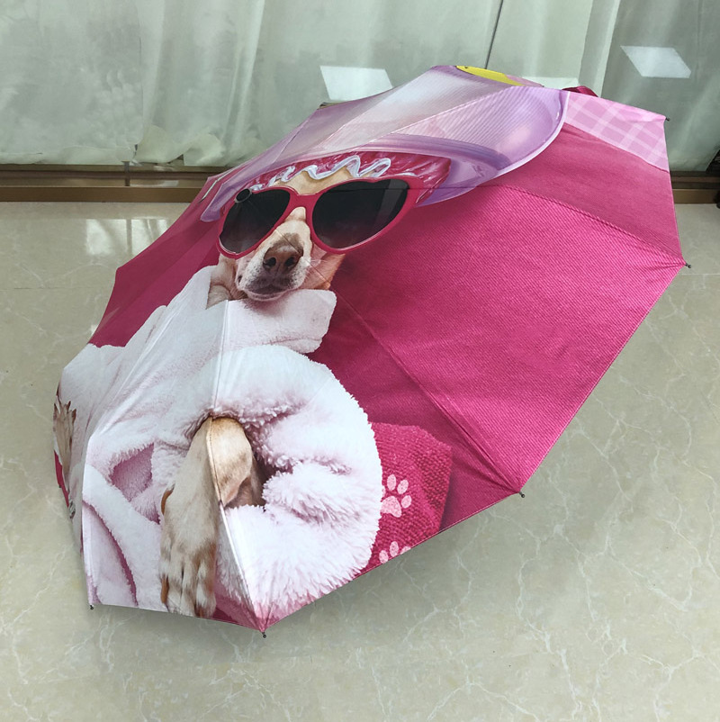 Automatic Travel Sun Umbrella With Custom print, 3 Fold Mini Compact Dog Umbrella