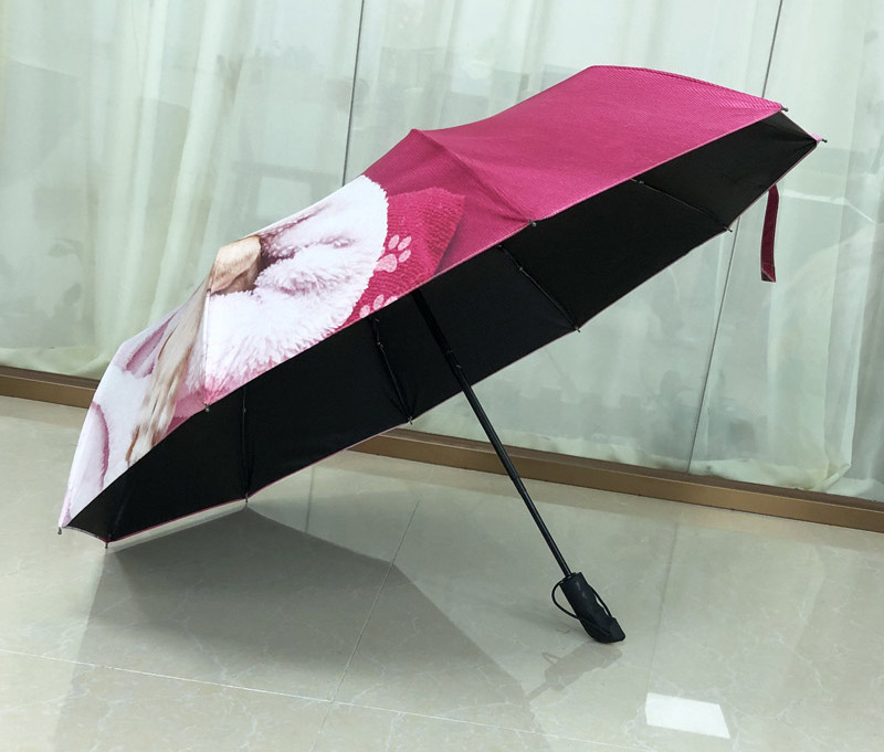 Automatic Travel Sun Umbrella With Custom print, 3 Fold Mini Compact Dog Umbrella