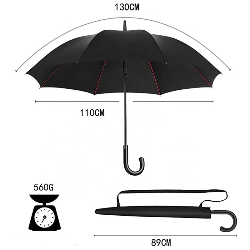 High Quality Advertising Black Pongee Auto Open Waterproof Windproof Golf Straight Umbrella with Red Fiberglass Frame