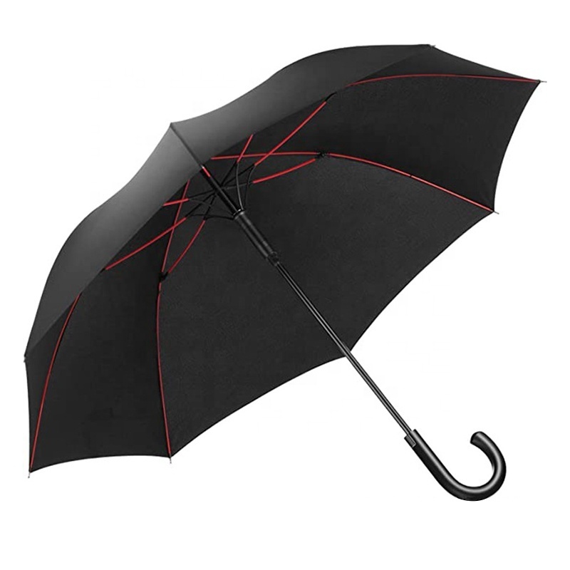 High Quality Advertising Black Pongee Auto Open Waterproof Windproof Golf Straight Umbrella with Red Fiberglass Frame