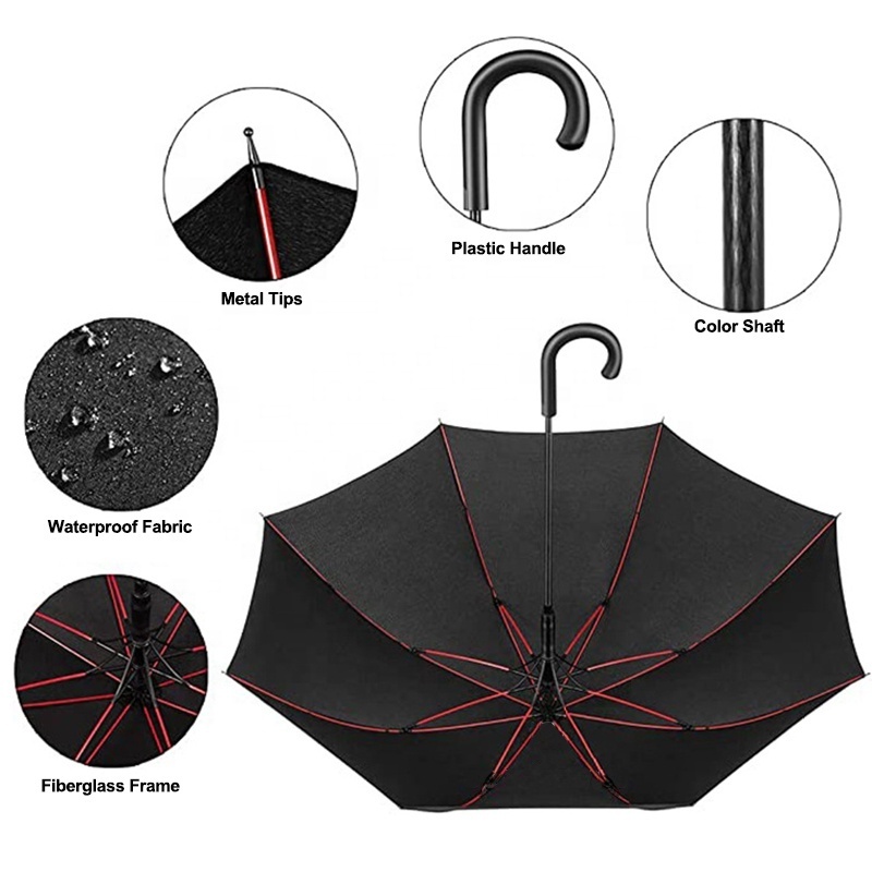 High Quality Advertising Black Pongee Auto Open Waterproof Windproof Golf Straight Umbrella with Red Fiberglass Frame