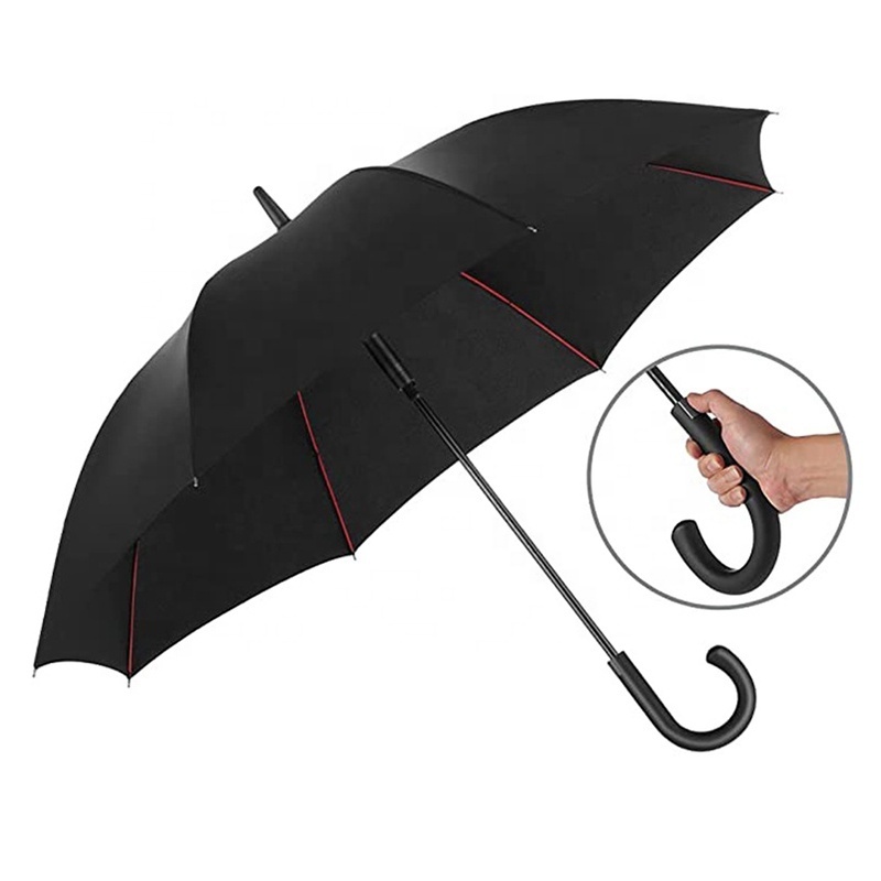 High Quality Advertising Black Pongee Auto Open Waterproof Windproof Golf Straight Umbrella with Red Fiberglass Frame