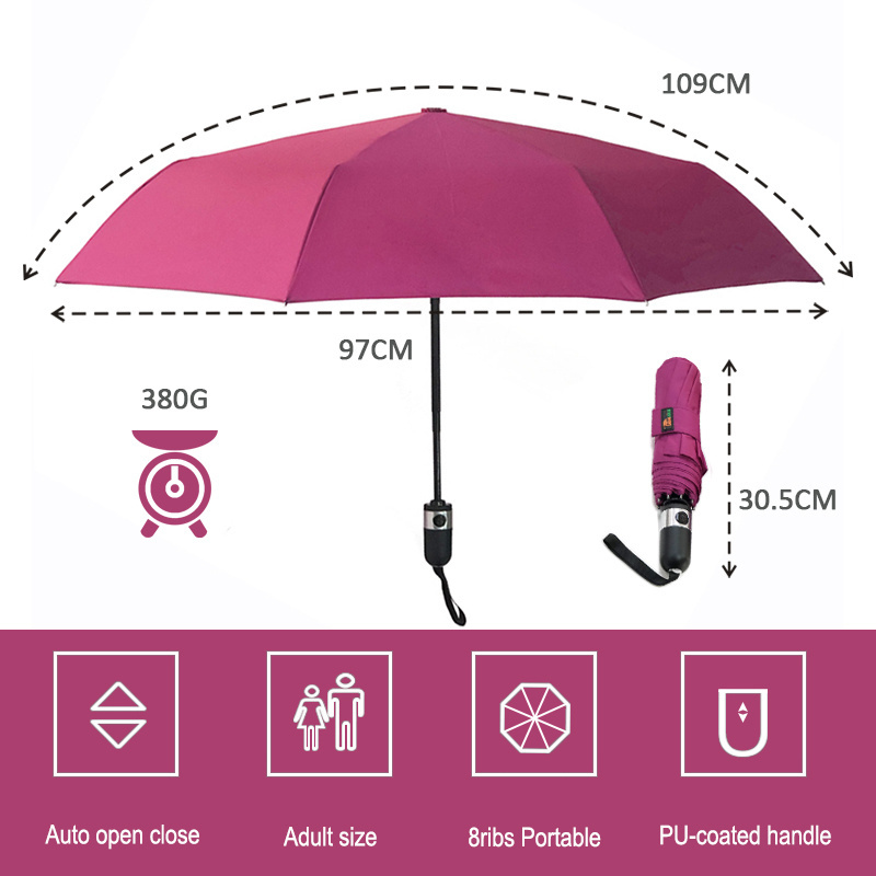 1pc Wind Resistance 8K Women Automatic Pink 3 Folding Rain Umbrellas