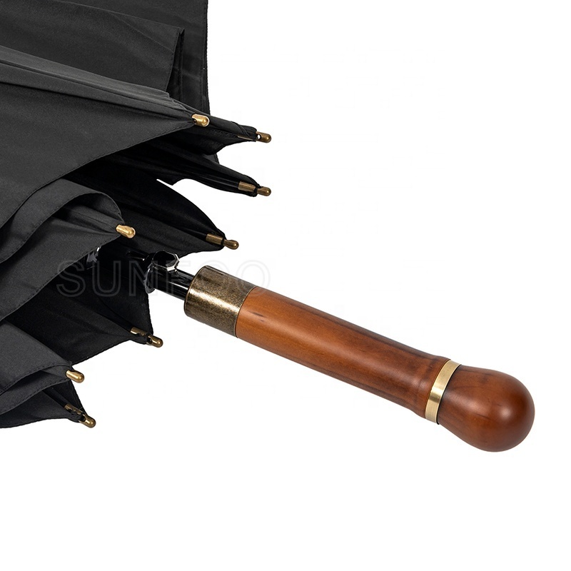 Waterproof Vintage Wooden Straight Handle Automatic Custom Logo Golf Stick Umbrella