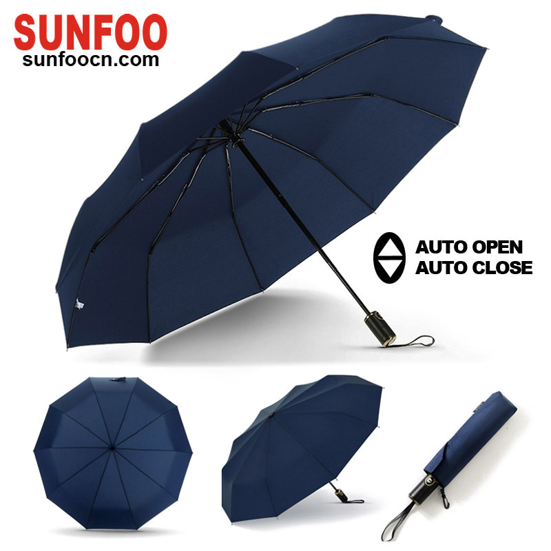 Xiamen Sunfoo 3 folds automatic luxurious umbrella with leather handle