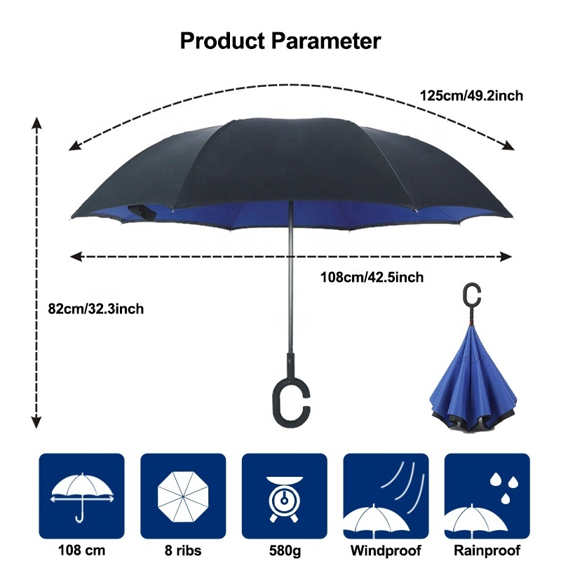 High Quality Wind Proof Upside Down Reverse Custom Royal Blue Double Layer Reversible Umbrella