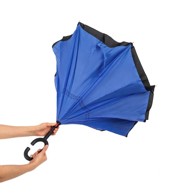 High Quality Wind Proof Upside Down Reverse Custom Royal Blue Double Layer Reversible Umbrella