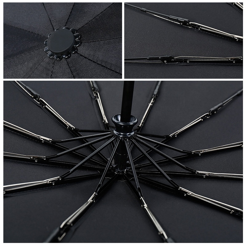 Luxury high quality four colors 12 spokes strong windproof three folding auto open close rain umbrella