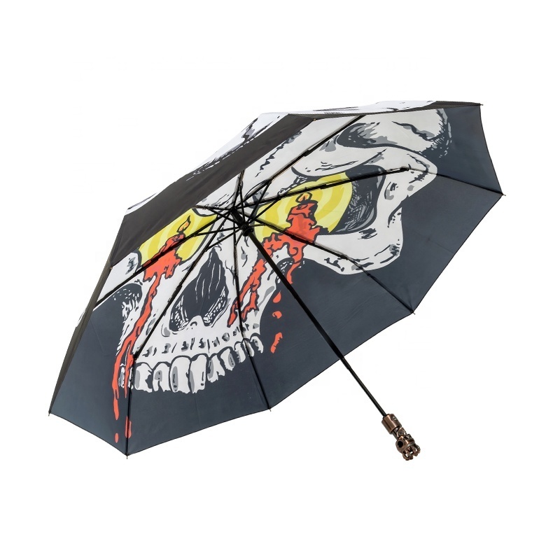 Luxurious Big Size 27 Inch Automatic Skeleton Umbrella, 3 Fold Custom Halloween Umbrella With Skull shape Handle