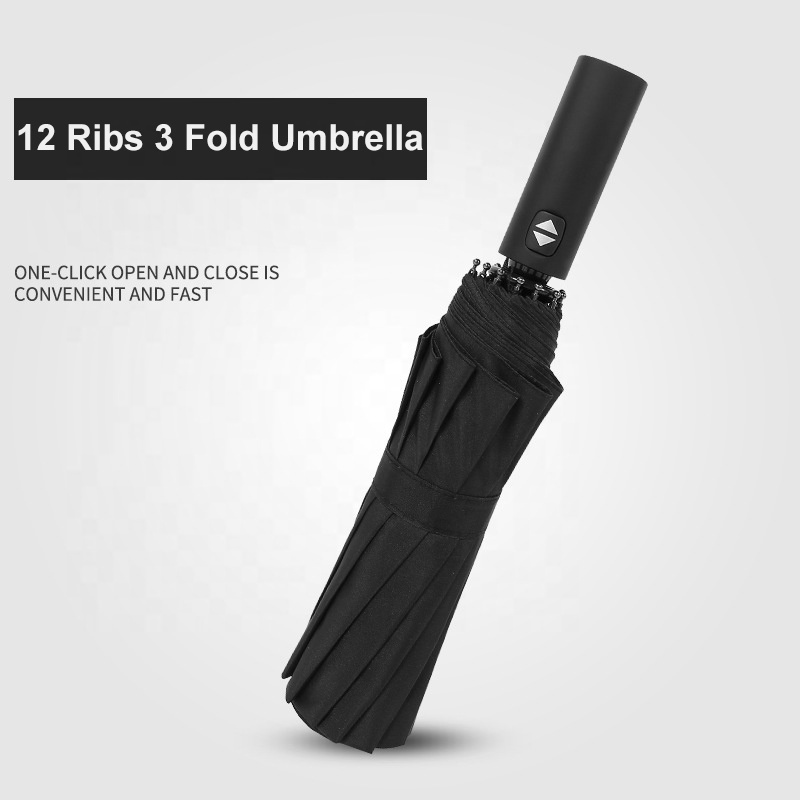 Luxury high quality four colors 12 spokes strong windproof three folding auto open close rain umbrella