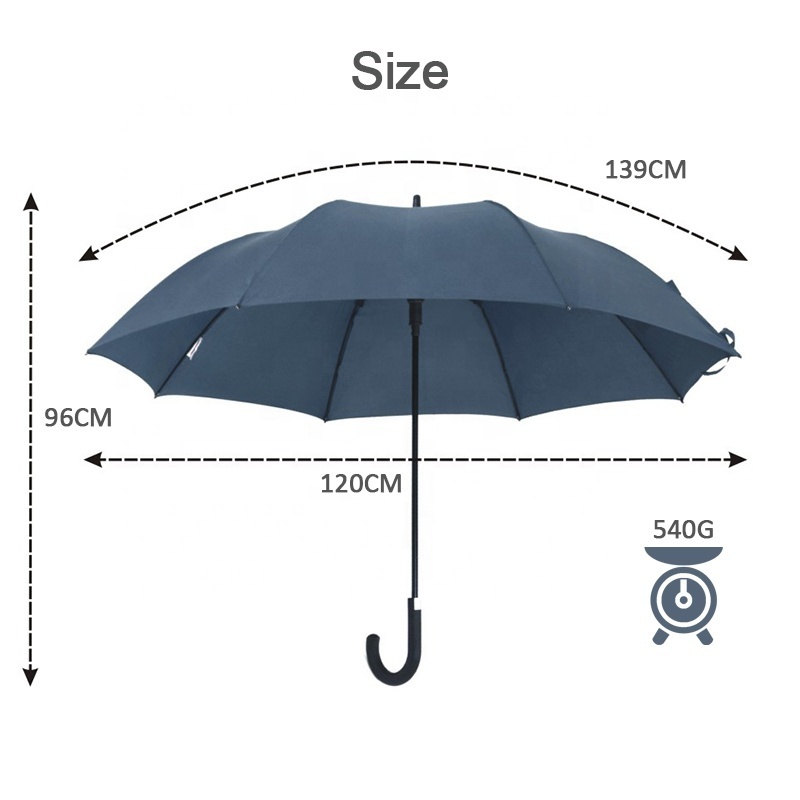 High Quality 120cm 190T Pongee Royal Blue Curved Auto J-Shape Handle Rain Umbrella for Hanging