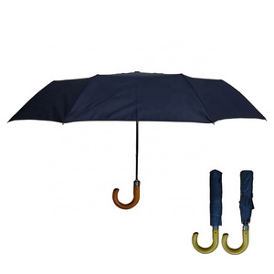 Chinese Hanging Collapsible Custom Automatic 3 Folding Windproof Travel Umbrella with Wood Hook Handle