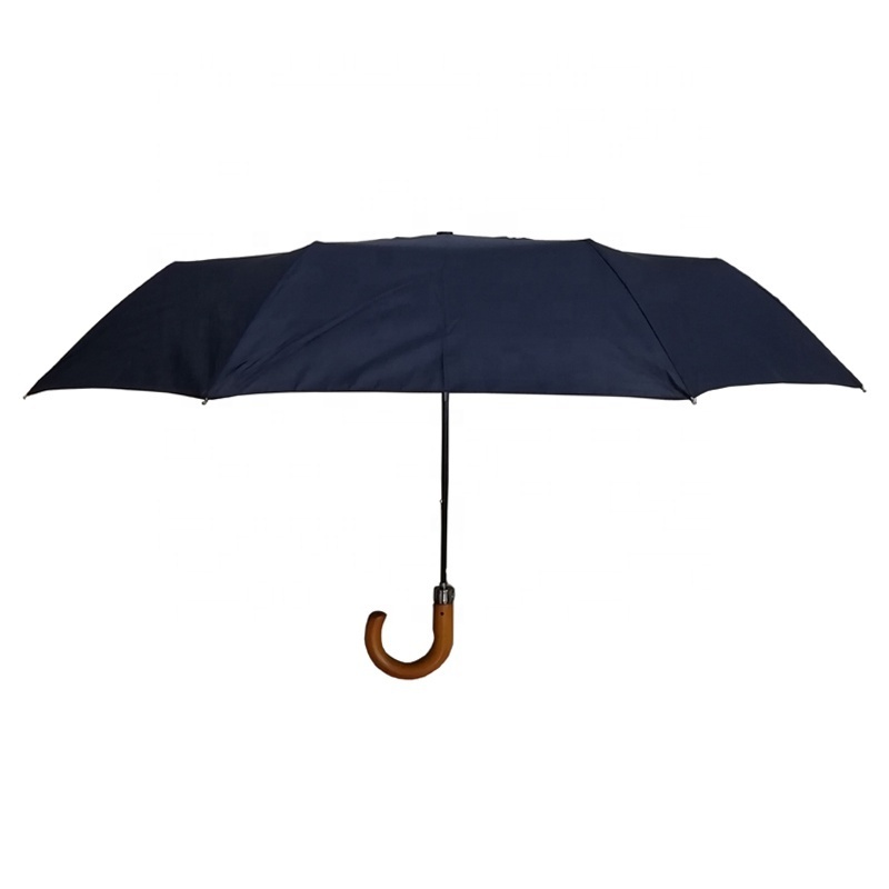 Chinese Hanging Collapsible Custom Automatic 3 Folding Windproof Travel Umbrella with Wood Hook Handle