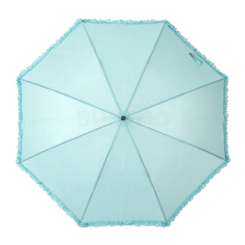 Light Blue Plain Color Ladies Frills Ruffle Fashion Lace Straight Umbrella with J Hook Handle