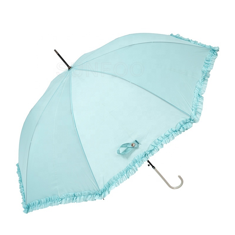 Light Blue Plain Color Ladies Frills Ruffle Fashion Lace Straight Umbrella with J Hook Handle