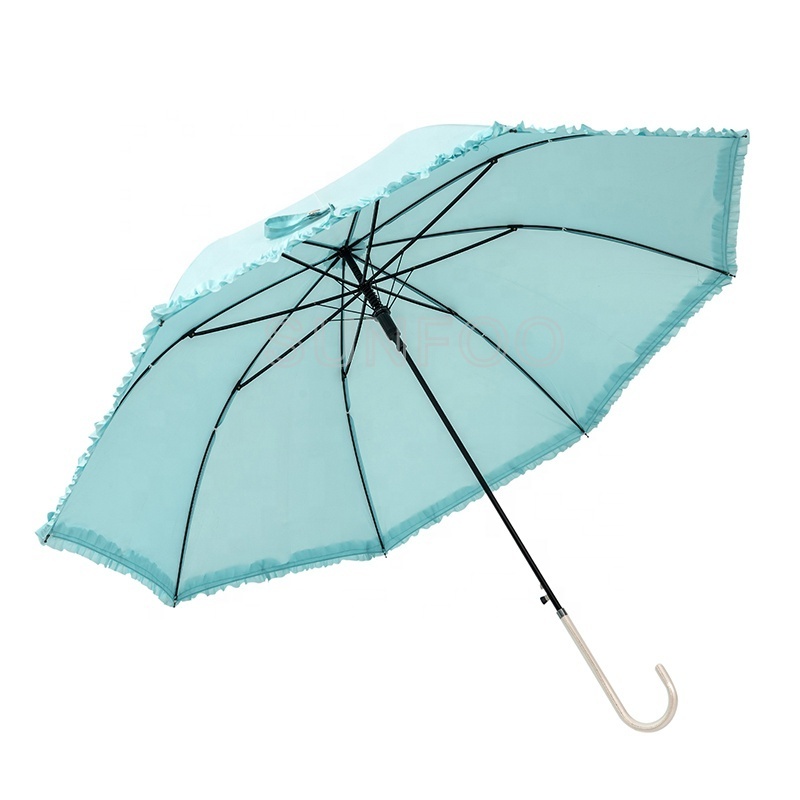 Light Blue Plain Color Ladies Frills Ruffle Fashion Lace Straight Umbrella with J Hook Handle