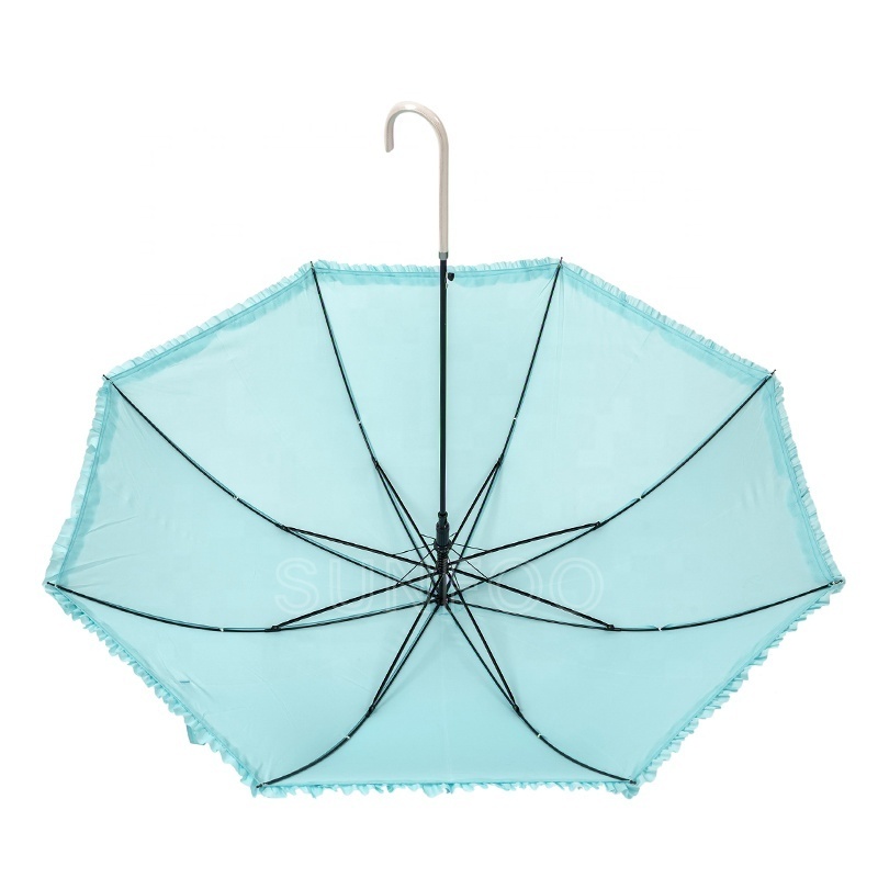 Light Blue Plain Color Ladies Frills Ruffle Fashion Lace Straight Umbrella with J Hook Handle