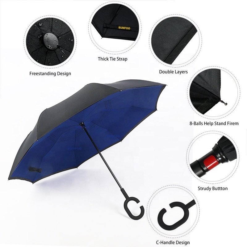 High Quality Wind Proof Upside Down Reverse Custom Royal Blue Double Layer Reversible Umbrella