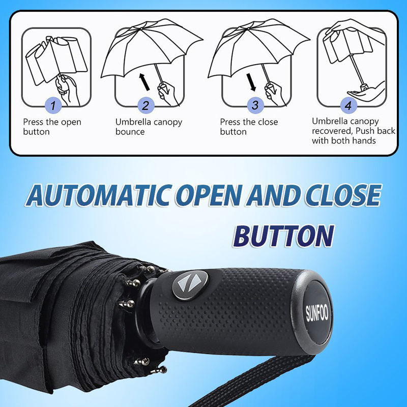 SUNFOO Compact 10 Ribs Windproof Auto Open/Close Button Wind Resistant Travel Umbrella