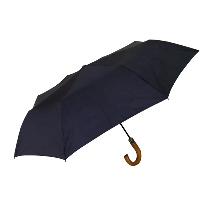 Chinese Hanging Collapsible Custom Automatic 3 Folding Windproof Travel Umbrella with Wood Hook Handle