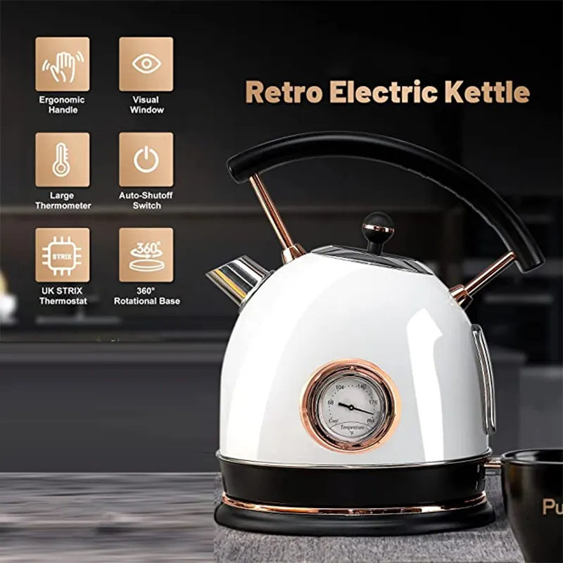 Retro Electric Kettle Stainless Steel 1.8L Tea Kettle Boil-Dry Protection Hot Water Boiler With Temperature Gauge