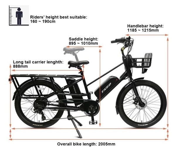 TXED 2 Whee long tail with basket adult city fashion fat tire motor 500w 750w ebike e-cargo family e bicycle electric cargo bike