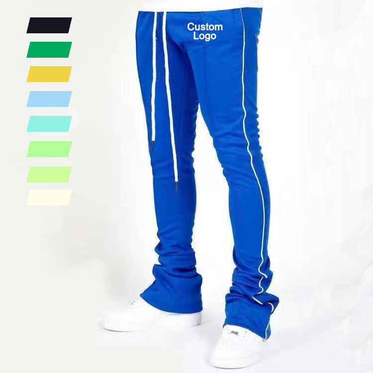 New Fashion Polyester Drawstring Retro Reflective Stripe Skinny Fit Stacked Jogger Men Track Pants Stacked Pants For Men