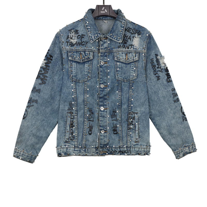 Custom Your Logo Red Rivet Letter Printing Oversized Denim Jacket Men