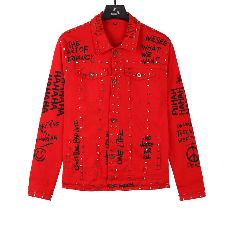 Custom Your Logo Red Rivet Letter Printing Oversized Denim Jacket Men