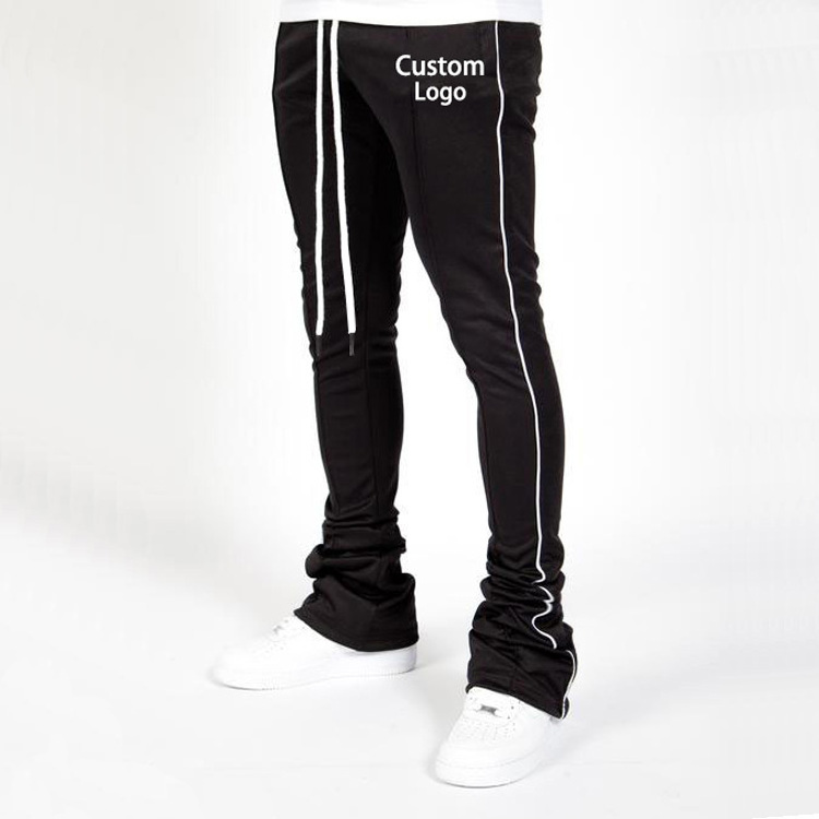 New Fashion Polyester Drawstring Retro Reflective Stripe Skinny Fit Stacked Jogger Men Track Pants Stacked Pants For Men