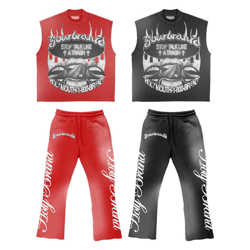 Custom Logo Acid Wash Fabrics Black Crop Top Acid Wash T Shirt Sleeveless And Shorts Acid Wash Sweatsuit