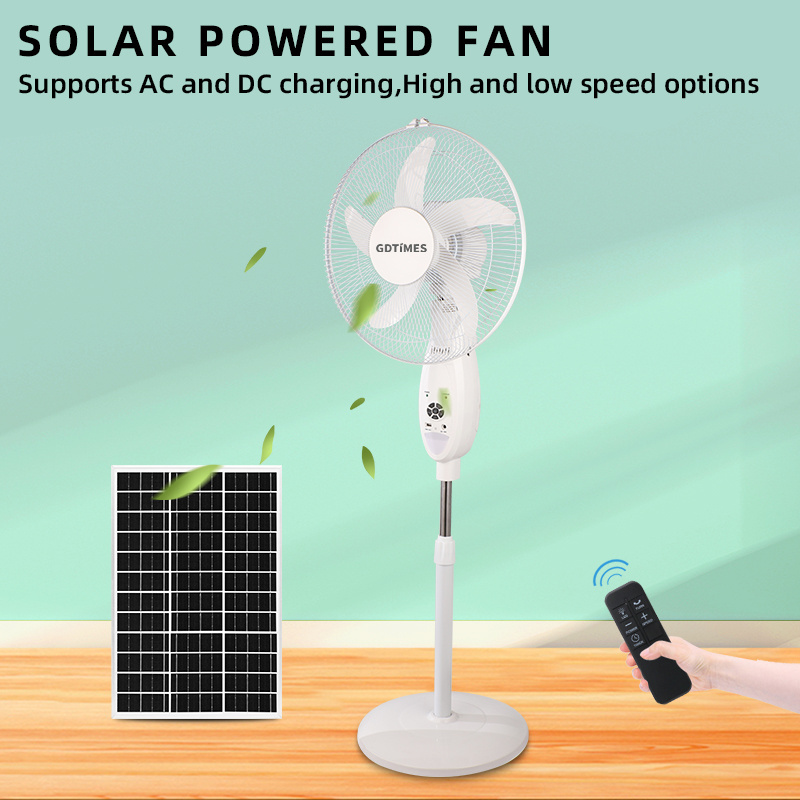 GDTIMES OEM Solar AC DC Stand Fan with Remote Metal Grill Electric Standing Fan with Panel LED Light