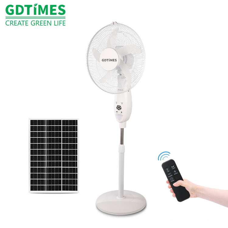 GDTIMES OEM Solar AC DC Stand Fan with Remote Metal Grill Electric Standing Fan with Panel LED Light