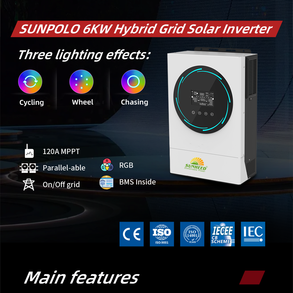 Sunheed Euronet Ups Inverter Solar 6Kw 48V 120A Mppt Dual Ac Output Hybrid Solar Inverter For Solar Energy System Ac