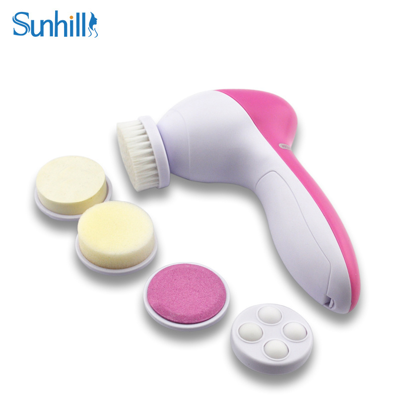 5 in 1 Waterproof Rotating Handheld Electric Vibrating Silicone Face Beauty Facial Massager Exfoliating Cleansing Spin Brush