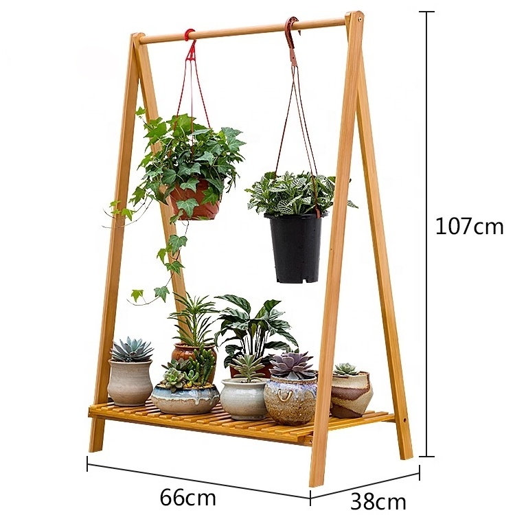 66x38x107cm 1-tier Tall Plant Organizer Rack Hanging Bamboo Plant Stand Shelves